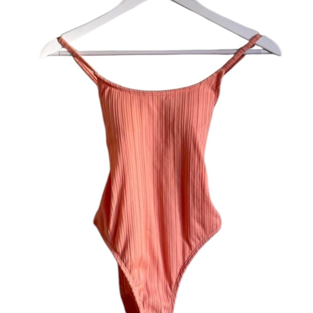 NWOT Xhilaration Tangerine Orange Peach Ribbed Backless One-Piece Swimsuit